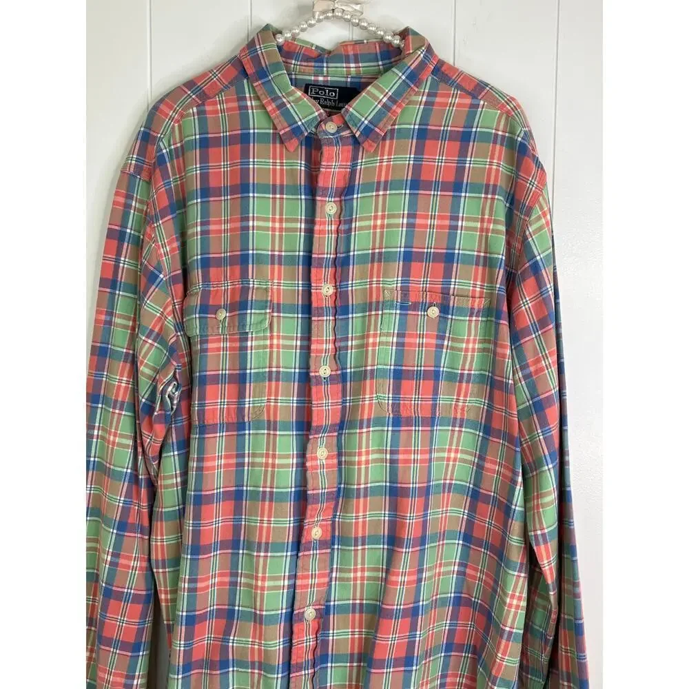 Polo Ralph Lauren Flannel‎ Men's XL Work Shirt Plaid 100% Cotton Button Up